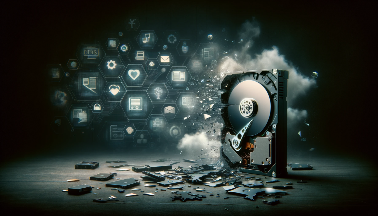 Eine zerbrochene Festplatte mit ausfliegenden Teilen im Vordergrund, symbolisch umgeben von digitalen Daten und Icons, die den Verlust von Informationen darstellen.