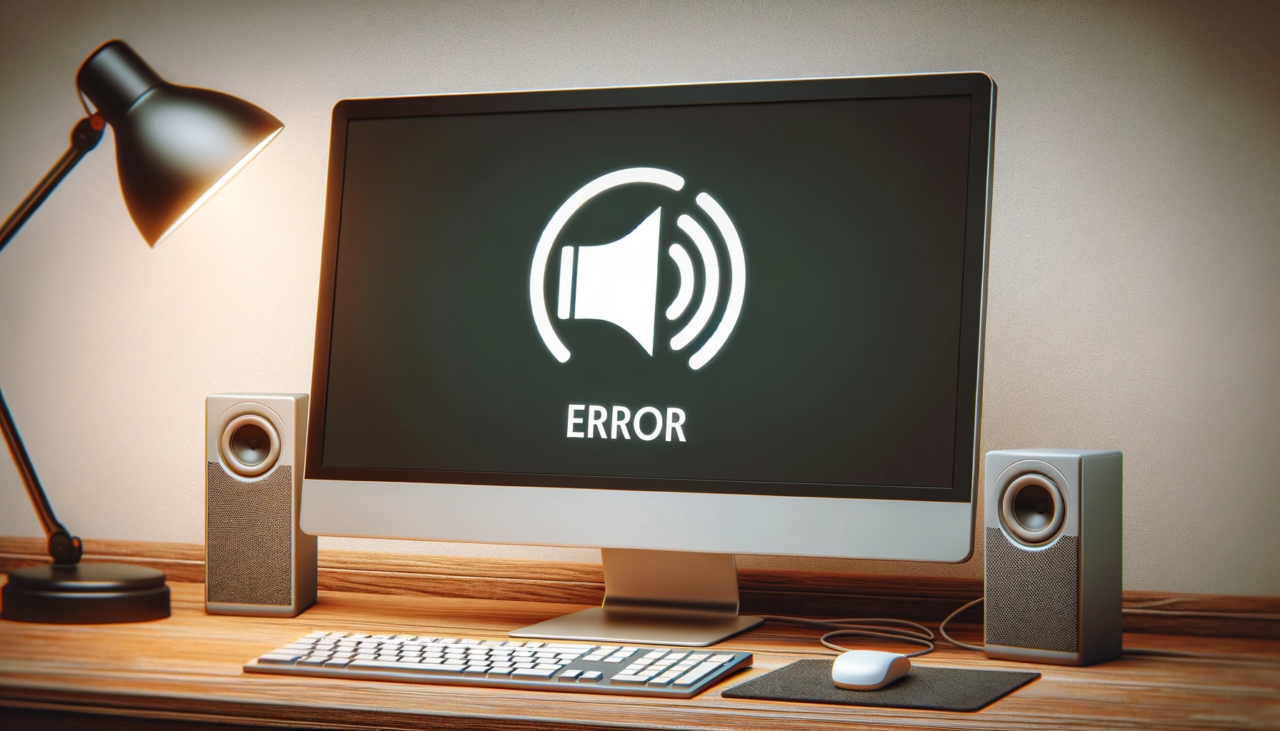 Desktop-Computermonitor auf einem Holztisch zeigt ein Lautsprechersymbol mit dem Wort ERROR, flankiert von Lautsprechern und einer Schreibtischlampe, was auf einen Systemfehler hinweist.