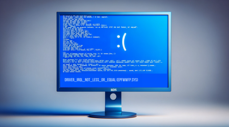 Ein Computerbildschirm zeigt den Bluescreen-Fehler DRIVER_IRQL_NOT_LESS_OR_EQUAL mit der Datei epfwwfp.sys auf einem blauen Hintergrund.