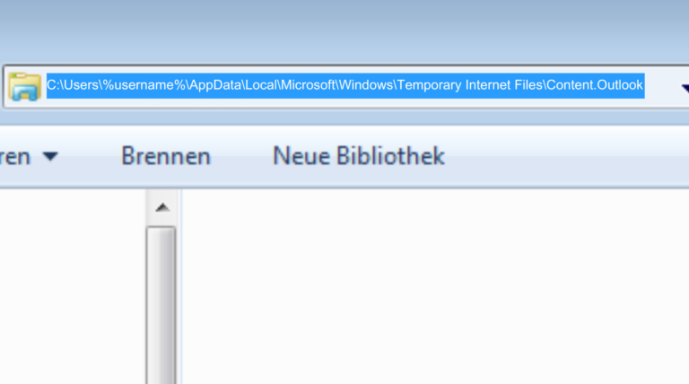 Screenshot, der den Navigationspfad im Datei-Explorer-Fenster zum Outlook-Cache-Verzeichnis innerhalb des AppData-Ordners auf einem Windows-Computer zeigt.