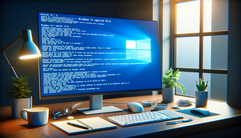 Ein moderner Arbeitsplatz bei Sonnenaufgang mit einem Desktop-Computer, der einen blauen Bildschirm mit Fehlermeldungen anzeigt; daneben eine Tasse Kaffee, eine Brille und Pflanzen, die eine häusliche Büroatmosphäre schaffen.