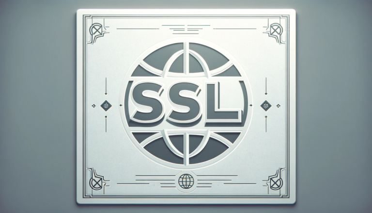 Grafische Darstellung eines stilisierten SSL-Zertifikats mit ausgeprägten Konturen und dem Schriftzug 'SSL' zentral im Bild, symbolisiert auf einem geprägten Metallschild mit dekorativen Elementen und einem Globus-Symbol, vor einem neutralen grauen Hintergrund.