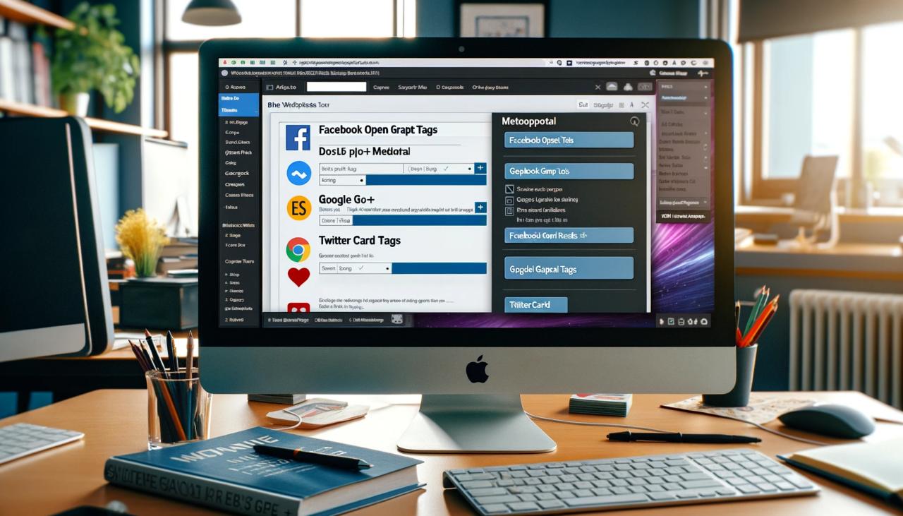 Ein modern eingerichtetes Büro mit einem iMac auf dem Schreibtisch, der eine Webseite anzeigt, auf der die Einstellungen für Facebook Open Graph, Google+ und Twitter Card Tags für die soziale Medienintegration einer Website dargestellt sind.