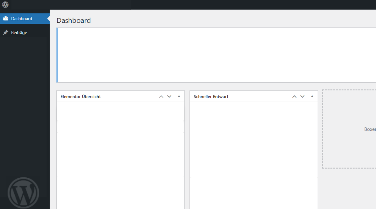 Screenshot des WordPress-Dashboards, mit sichtbaren Menüpunkten 'Dashboard' und 'Beiträge' sowie den Widget-Bereichen 'Elementor Übersicht' und 'Schneller Entwurf'.