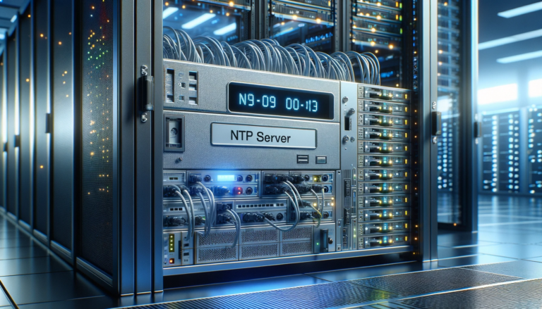 Ein NTP (Network Time Protocol) Server in einem Serverraum, mit deutlich gekennzeichneten Netzwerkkabeln und Blinklichtern, eingebettet in ein Datenzentrum.