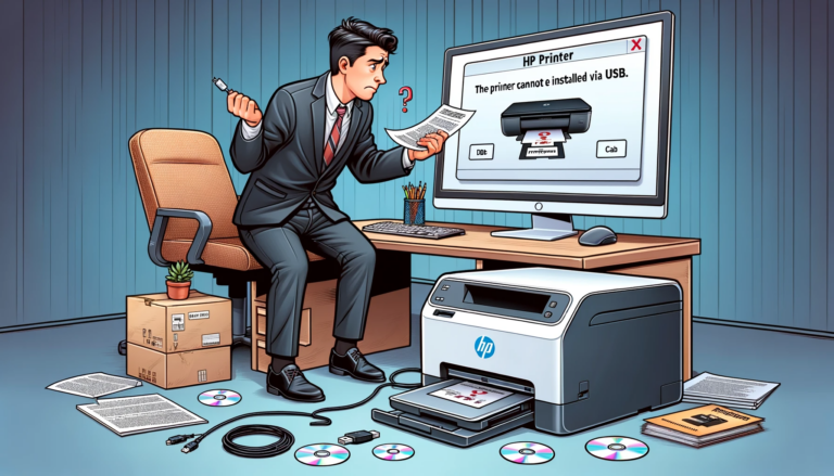 Das Bild zeigt eine illustrierte Szene in einem Büro, wo ein verwirrter Mann in Anzug und Krawatte mit einem Schraubenzieher in der Hand vor einem Desktop-Computer steht. Auf dem Bildschirm wird eine Fehlermeldung angezeigt, die besagt, dass der HP-Drucker nicht via USB installiert werden kann. Der Tisch ist unordentlich mit verstreuten CD-ROMs, Druckerkabeln und Papierblättern. Ein HP-Drucker ist direkt vor dem Tisch platziert, was darauf hindeutet, dass der Mann versucht, ein technisches Problem zu beheben.