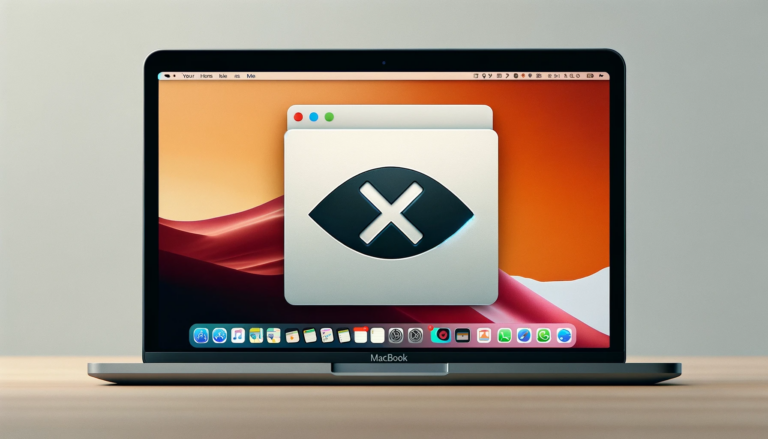 Ein MacBook mit geöffnetem Deckel zeigt auf dem Bildschirm ein großes Symbol, das ein X in einem grauen Kreis darstellt, möglicherweise ein Hinweis auf einen Fehler oder eine geschlossene Anwendung auf einem bunten Hintergrund.