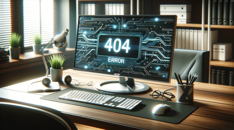 Ein Acer-Monitor auf einem Büroschreibtisch zeigt eine '404 Error' Fehlermeldung, umgeben von Bürozubehör, was auf eine technische Störung hinweist.