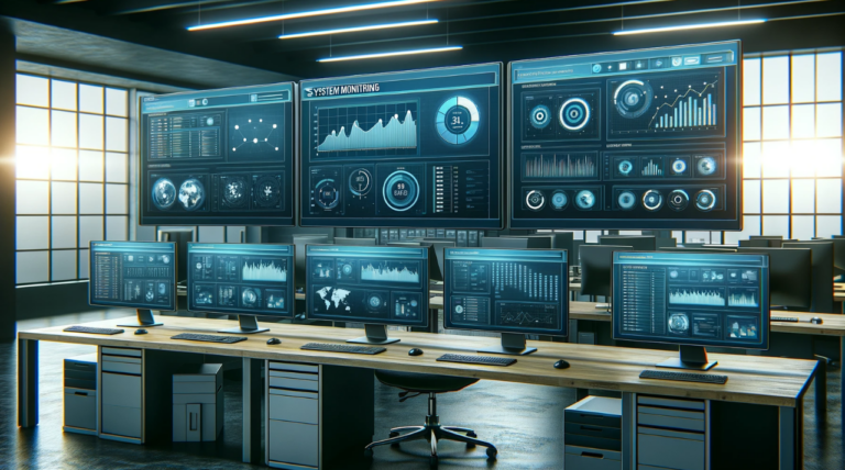 Querformatbild eines modernen Büros mit mehreren Computerbildschirmen, die Systemüberwachungs-Dashboards mit Grafiken und Statusanzeigen für Servergesundheit, Netzwerkleistung und Speicherkapazität zeigen, was auf eine proaktive IT-Verwaltung hinweist.