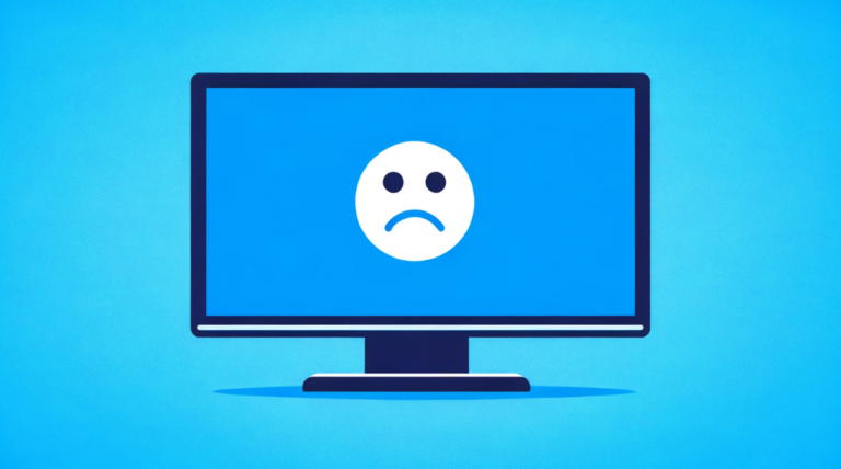 Ein generischer Computermonitor im Querformat zeigt einen blauen Bildschirm, auch bekannt als 'Blue Screen of Death' (BSOD), der einen Systemabsturz symbolisiert. Auf dem Bildschirm ist ein einfacher trauriger Emoticon zu sehen, der auf einem einfarbigen blauen Hintergrund platziert ist, typisch für Windows-Systemfehler, ohne spezifische Fehlercodes oder Markenlogos.