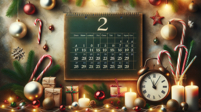 Ein stimmungsvolles Bild mit einem Kalender ohne Beschriftung und einer klassischen Wanduhr, vor einem festlich dekorierten Hintergrund mit Girlanden, Weihnachtskugeln und Tannenzweigen. Die festliche Atmosphäre wird durch warmes Licht und Kerzenschein betont, was die besondere Zeit der Jahresendfeiern hervorhebt