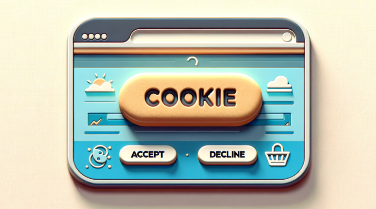 Ein stilisiertes Bild eines Website-Interfaces im Querformat mit einem Cookie-Banner unten. Auf dem Banner sind zwei deutliche Buttons ohne Beschriftung zu sehen, einer zum Akzeptieren und einer zum Ablehnen von Cookies. Der Hintergrund ist eine abstrakte Darstellung einer Webseite mit Symbolen für einen Einkaufswagen und Datenübertragung, was auf funktionale Cookies hinweist. Das Design vermittelt Nutzerwahl und Transparenz im Einklang mit Datenschutzgesetzen wie dem TTDSG.