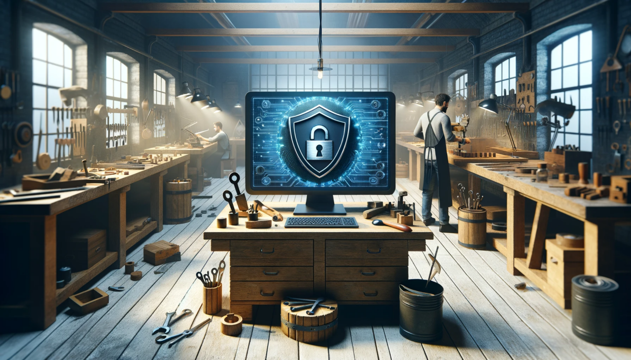 Digitale Darstellung eines Cybersicherheitsschilds auf einem Computerbildschirm in einer traditionellen Holzwerkstatt, symbolisiert die Integration moderner IT-Sicherheit in das Handwerk.