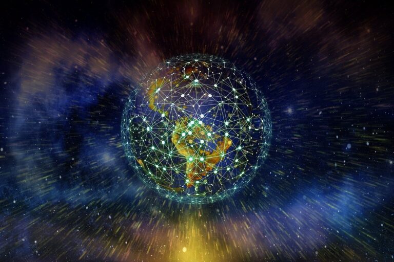 Digitale Illustration der Erde umgeben von einem komplexen Netzwerk, symbolisiert Förderprogramme zur Unterstützung der globalen Digitalisierung.