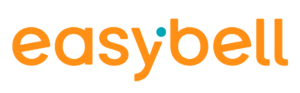 Logo von easybell mit stilisiertem Text in Orange und Dunkelgrau, wobei das 'y' in 'easy' einen blauen Punkt hat.