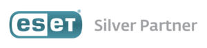 ESET Silver Partner Logo, bestehend aus dem ESET-Schriftzug in Weiß auf einem hellblauen Hintergrund und dem Zusatz 'Silver Partner' in Grau rechts neben dem Logo.