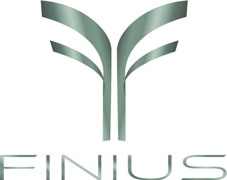 Abstraktes, grünes Symbol, das an eine Pflanze oder Keimling erinnert, über dem in Großbuchstaben der Name 'FINIUS' in grüner Schrift steht.