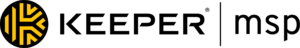 Logo von Keeper mit einem markanten, gelben Emblem, das aus stilisierten Buchstaben 'K' besteht, die ein dynamisches Muster auf schwarzem Hintergrund bilden.