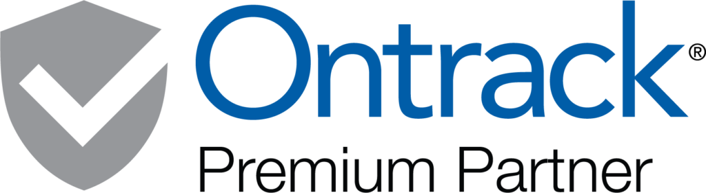Logo des Ontrack Premium Partners mit einem abstrakten Schildsymbol in Grau und dem Ontrack-Schriftzug in Blau neben dem Schriftzug 'Premium Partner'.