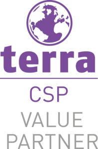terra CSP Value Partner Logo, bestehend aus einer stilisierten lila Erdkugel über dem in Lila geschriebenen Wort 'terra'. Unterhalb in grau die Abkürzung 'CSP' und darunter der Schriftzug 'VALUE PARTNER', ebenfalls in grau.