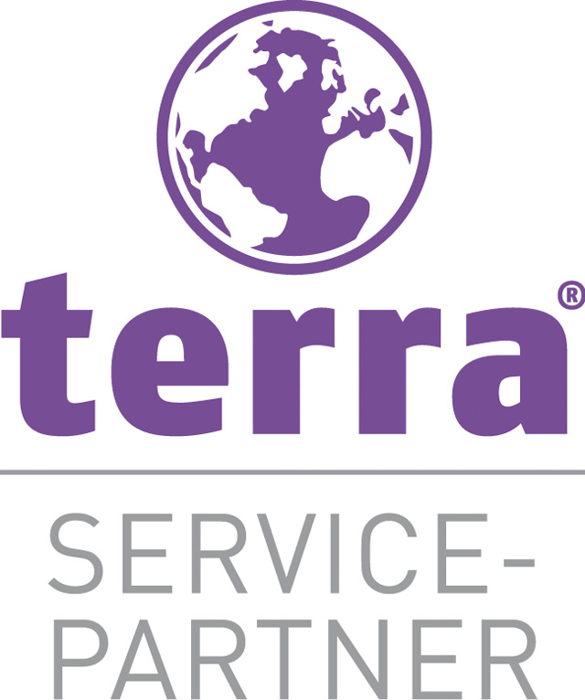 terra Service Partner Logo, bestehend aus einer stilisierten lila Erdkugel über dem in Lila geschriebenen Wort 'terra'. Unterhalb in grau der Schriftzug 'SERVICE-PARTNER'.